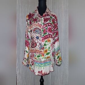 new directions White Button-Front Blouse with Pink Floral & Multicolor Paisley